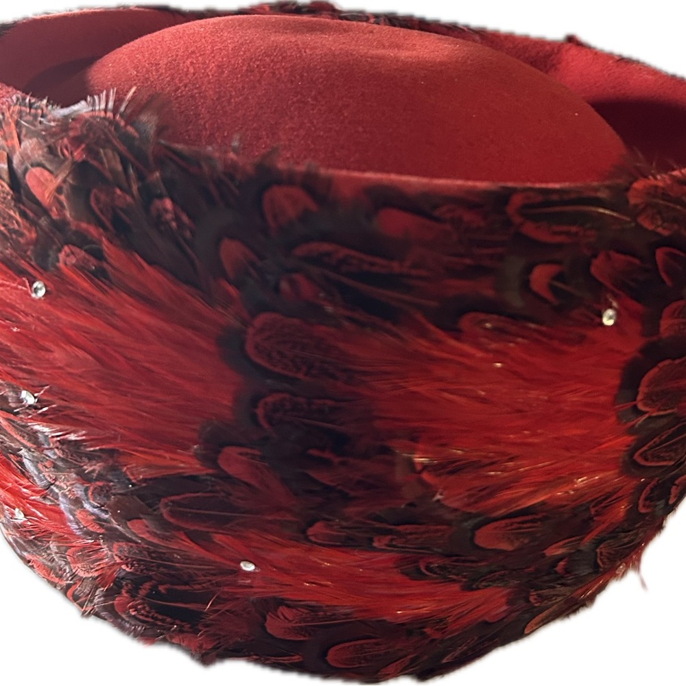 Vintage Jack McConnell red wool hat with ostrich feathers and delicate crystals